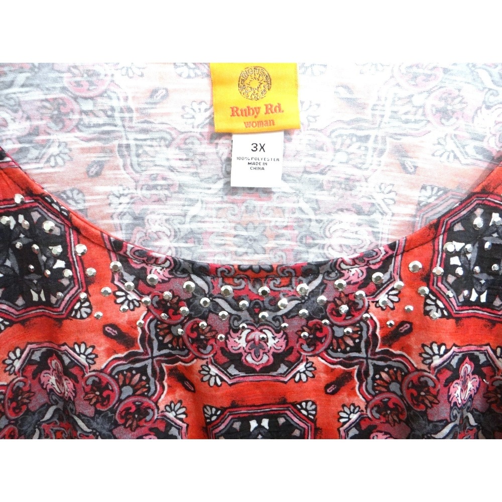 Ruby Rd Woman Orange Mandala Print Embellished Tunic Top 3X - Picture 3 of 4